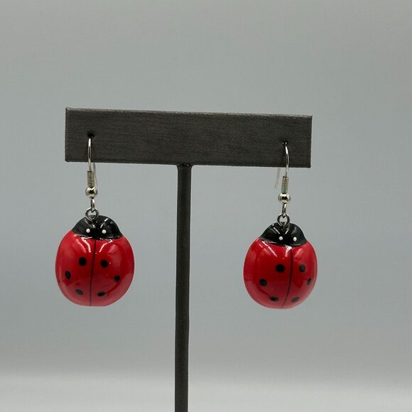 3/$30 Ladybug Dangle Earrings Red Black Spotted Insect Motif Novelty 1.5" - Picture 2 of 9